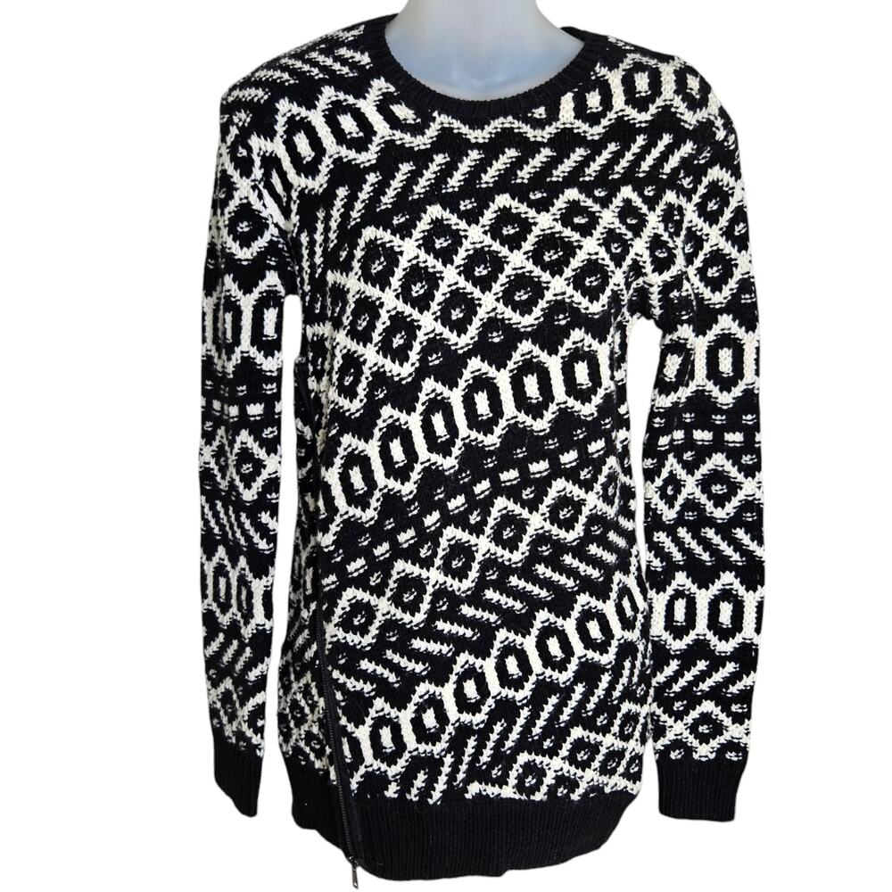 Ann‎ Taylor Womens Geometric Print Sweater XS Black White Side Zipper Wool Blend